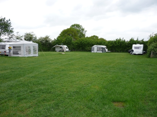 Het kampeerveld met caravans en luifels langs de haag